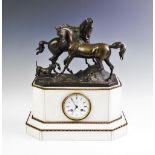 A 19th century French white marble and bronze mantle clock retailed by Dent of London,