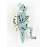 A 1950's 'Vermin Club' plastic lapel badge, depicting a mosquito with top hat and walking cane,