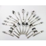 Twelve silver Queen's pattern dessert spoons and twelve matching silver dessert forks,