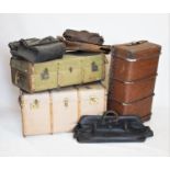 Three early 20th century canvas and bentwood steamer trunks,