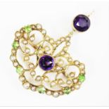A seed pearl, amethyst and demantoid garnet set brooch/pendant, in 'Suffragette' colours