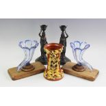 A pair of Bohemian blue glass potpourri holders,