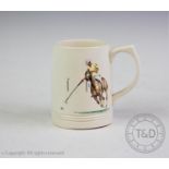 A Wedgwood Keith Murray mug, circa 1940-1950, painted in polychrome shades depicting a polo player