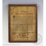 An 'Ulster's Solemn League and Covenant', signed by 'F.W. Caughey' at the Old Town Hall, Belfast,