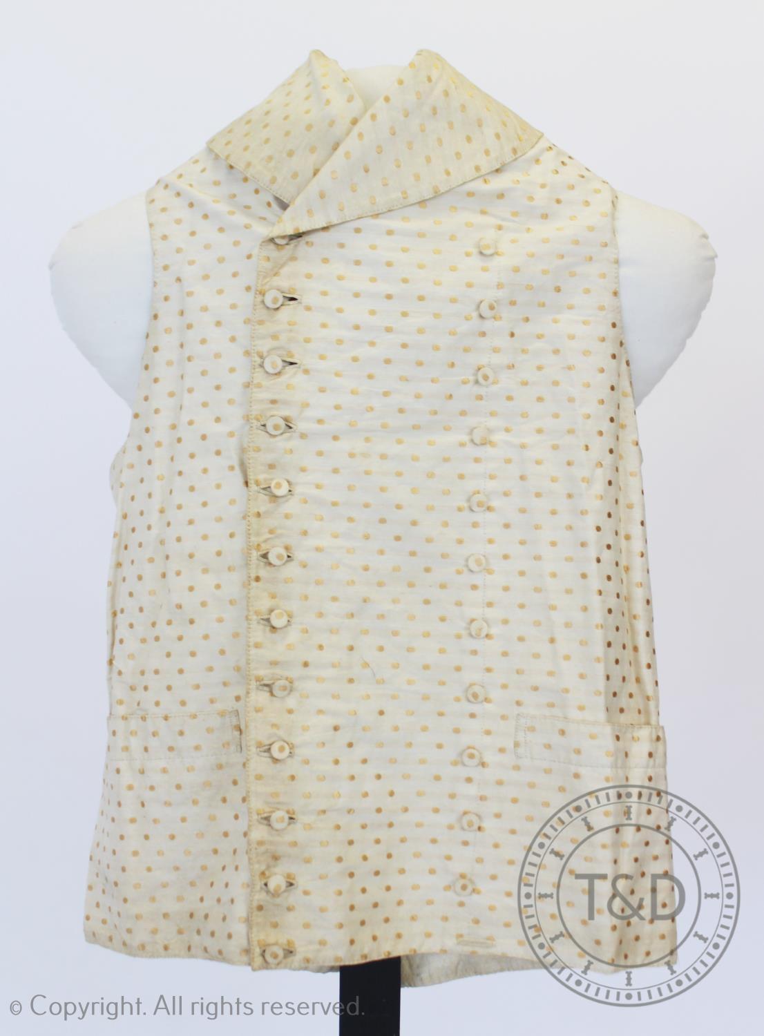 An ivory and mint green figured silk waistcoat, circa 1820, edged with figured silk braid and - Image 7 of 8