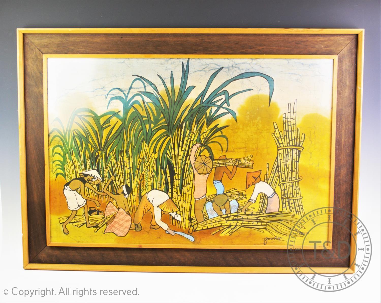 Three vintage south east Asian batik pictures depicting rural and village scenes, in matching glazed - Image 3 of 15