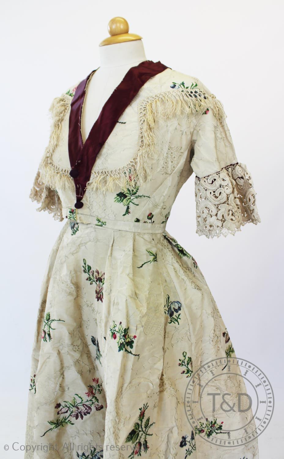 A Spitalfield silk dress, circa 1760's, the ivory silk with woven rococo design with sprays of - Image 4 of 6