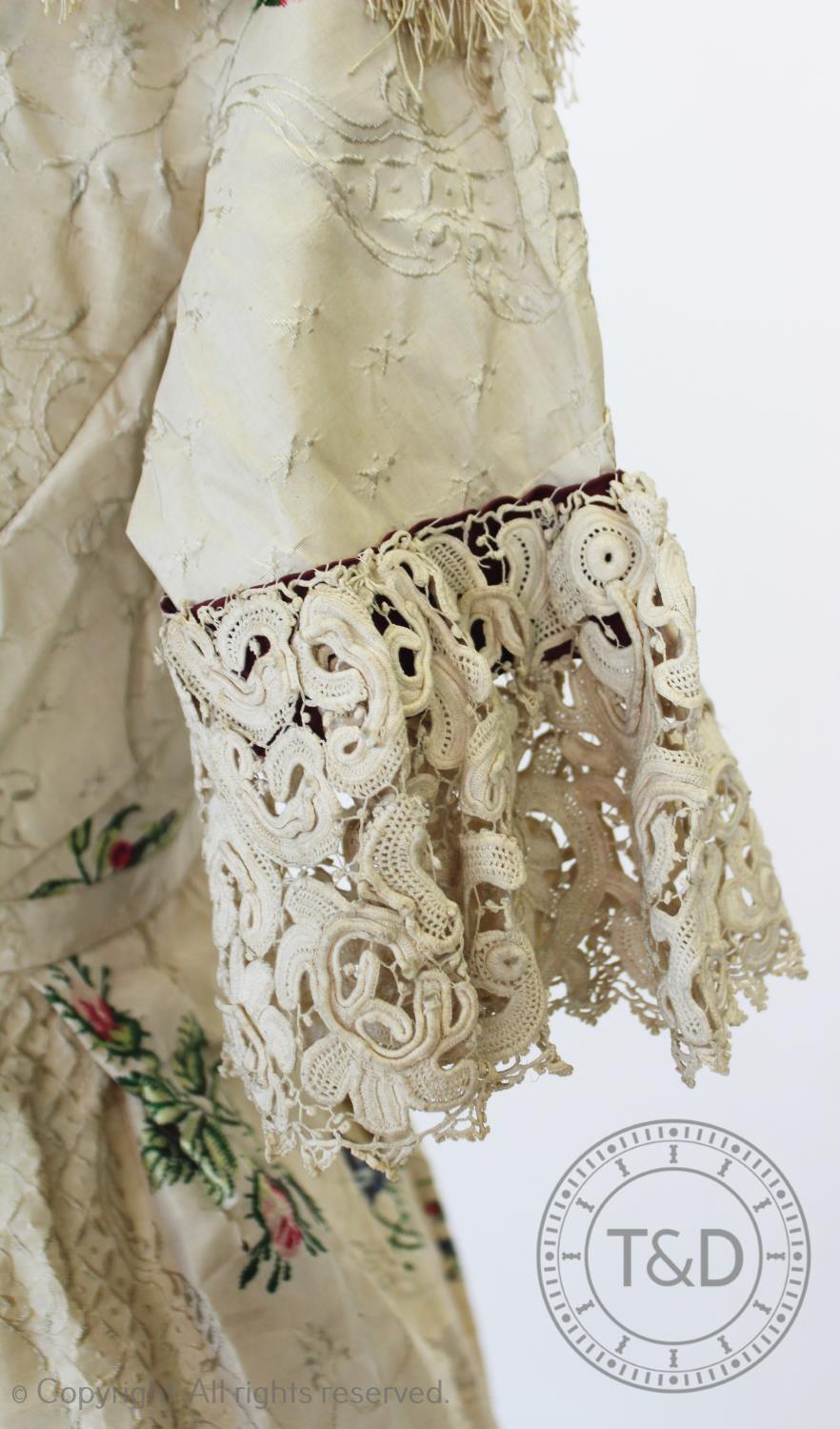 A Spitalfield silk dress, circa 1760's, the ivory silk with woven rococo design with sprays of - Image 3 of 6