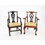 A George III carved mahogany carver chair, with pierced splat and scroll end arms, with drop-in