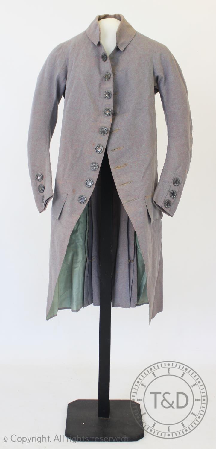 A marled lavender wool frock coat, circa 1790, with pierced silvered metal buttons to front, cuffs - Image 2 of 7