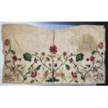 An early 19th century embroidered silk panel, in the oriental style, designed as fuchsias, peonies