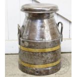 A steel and brass coopered 10g milk churn, stamped C W S, applied with twin loop handles, 50cm high