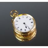 A lady's continental 18ct yellow gold fob watch, the white enamel dial with black Arabic numerals,