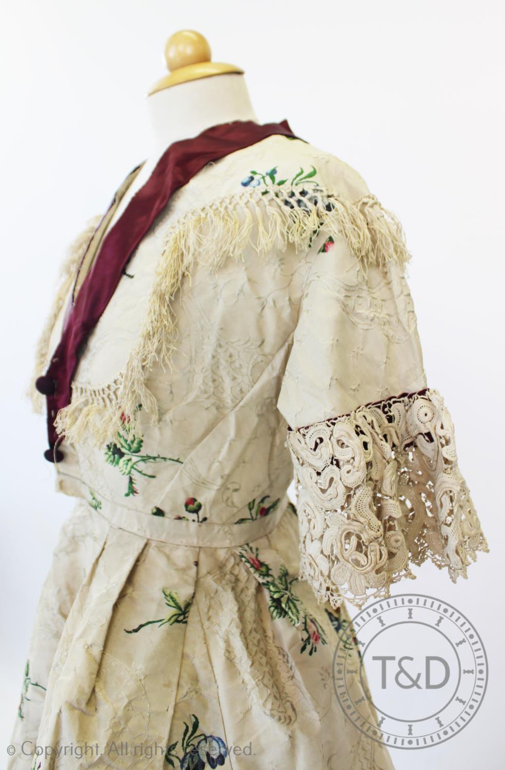 A Spitalfield silk dress, circa 1760's, the ivory silk with woven rococo design with sprays of - Image 2 of 6