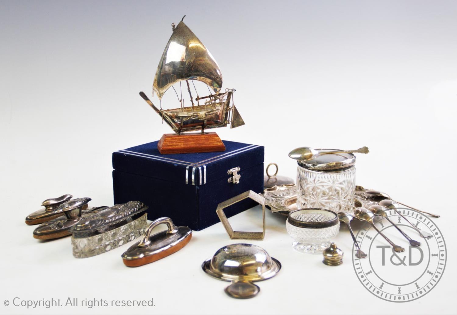 A selection of silver and silver coloured items to include, a white metal ship, on a wooden stand, a - Image 2 of 2