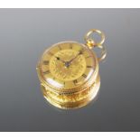 A Victorian 18ct gold open face pocket watch, the engine turned dial with floral chapter ring, black