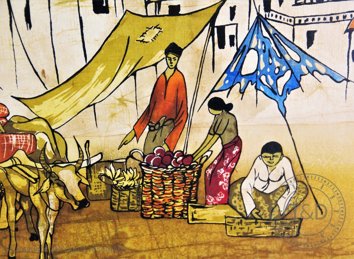 Three vintage south east Asian batik pictures depicting rural and village scenes, in matching glazed - Image 7 of 15