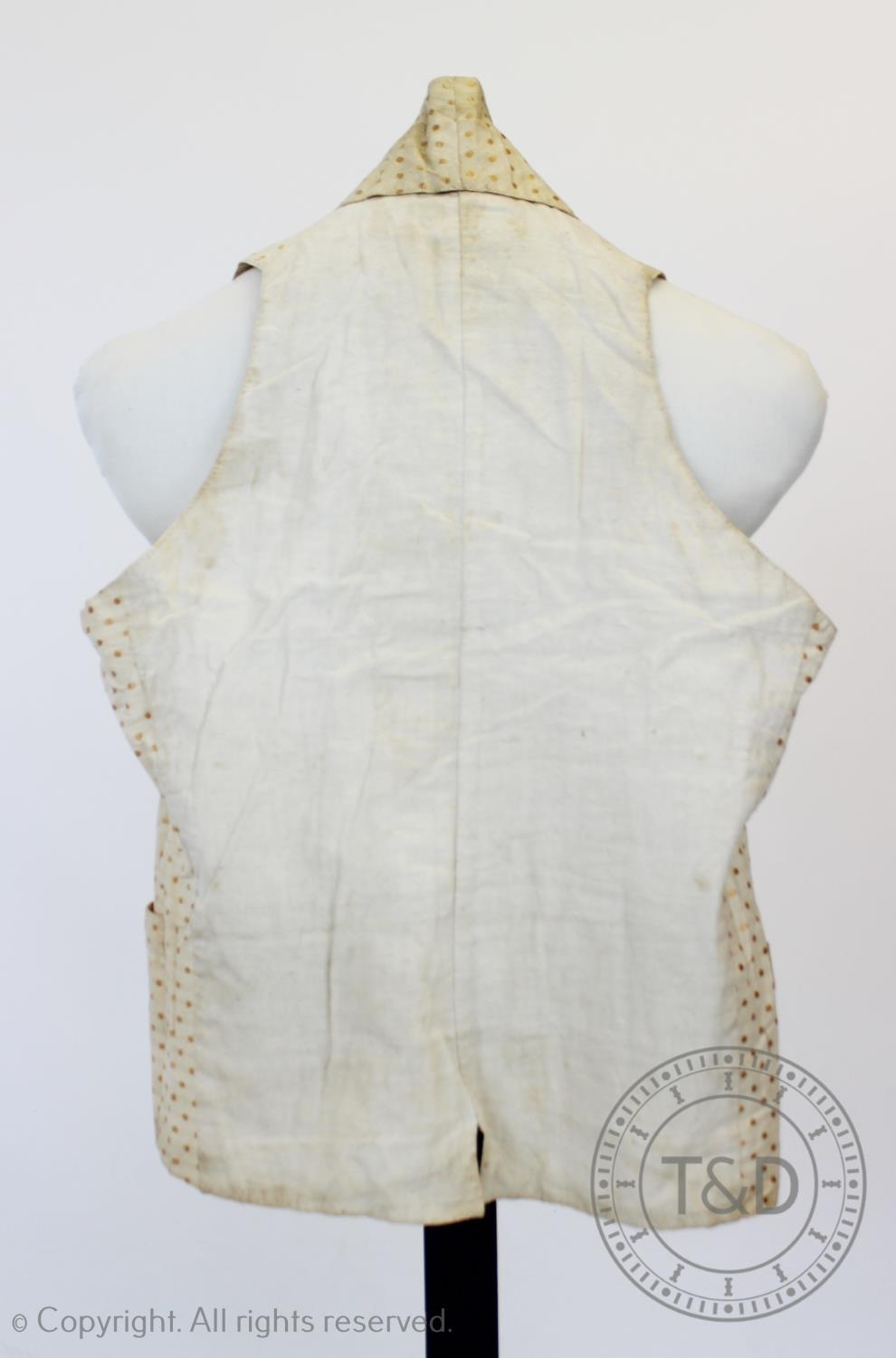 An ivory and mint green figured silk waistcoat, circa 1820, edged with figured silk braid and - Image 8 of 8