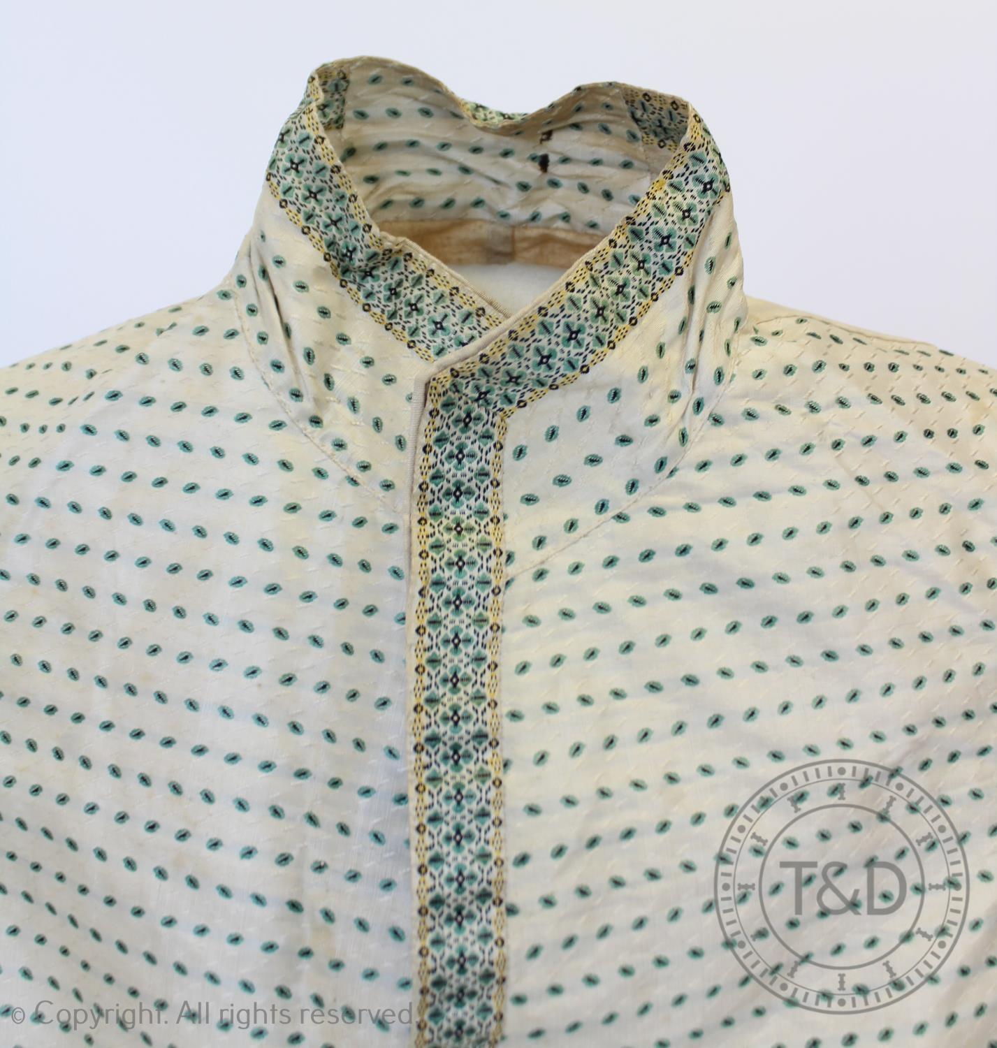 An ivory and mint green figured silk waistcoat, circa 1820, edged with figured silk braid and - Image 5 of 8