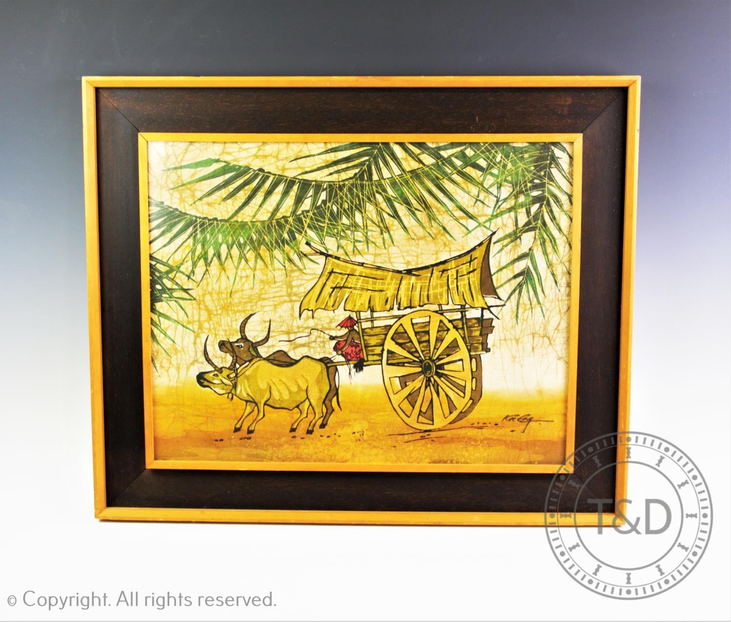 Three vintage south east Asian batik pictures depicting rural and village scenes, in matching glazed - Image 4 of 15