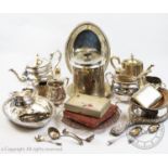 A selection of silver plated wares, to include, a three piece Victorian style tea service with