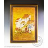 Three vintage south east Asian batik pictures depicting rural and village scenes, in matching glazed