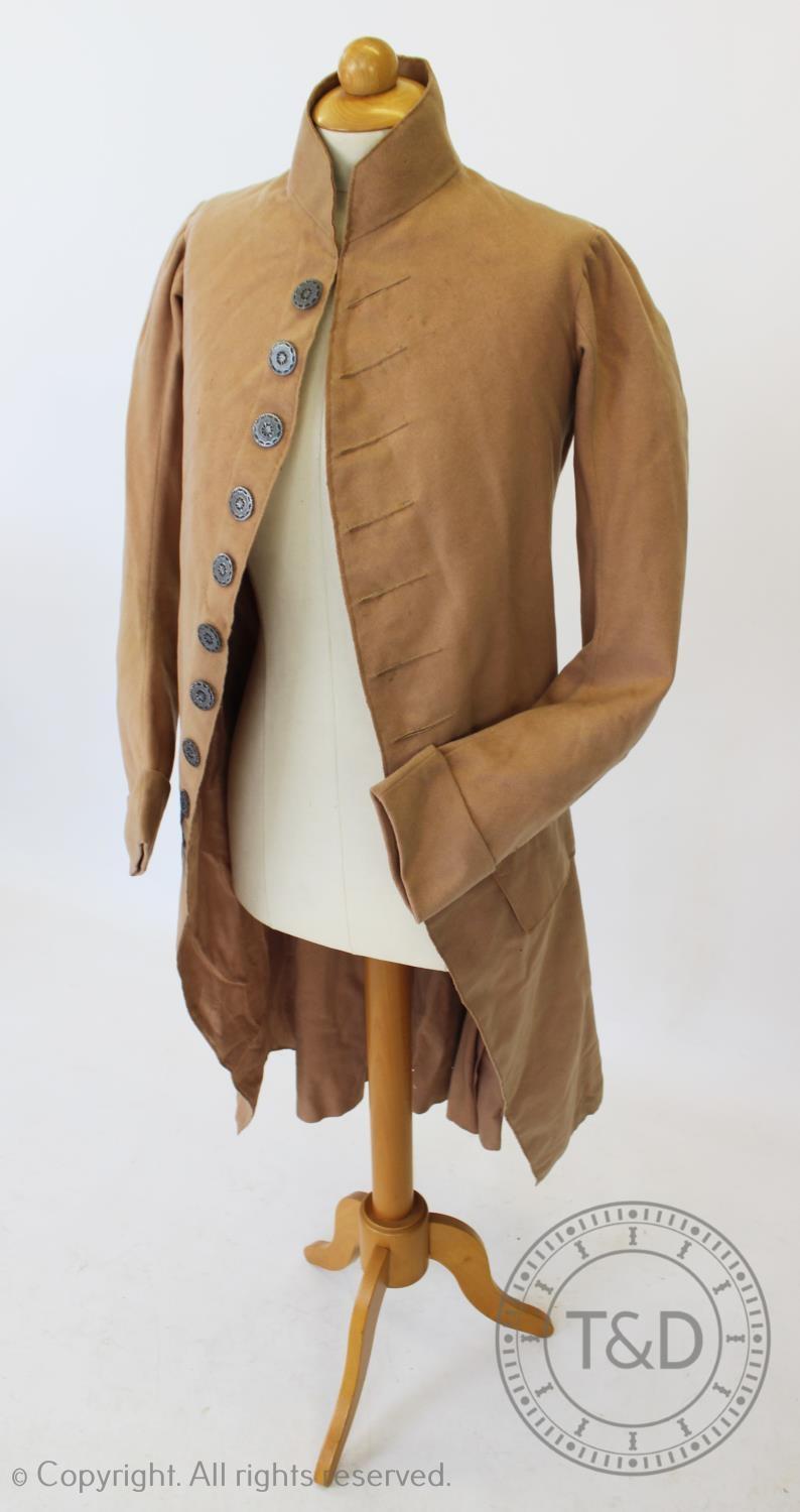 A blush wool frock coat, circa 1790, with pierced silvered metal buttons to front and back (at - Image 2 of 4