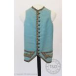 A cornflower blue, ribbed silk gentlemans waistcoat, circa 1785, with silvered braid to the