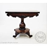 A William IV rosewood pedestal tea table, the rectangular hinged top with rounded front corners