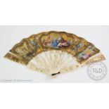 A mid-18th century ivory fan, the leaf plain to the verso, mounted on intricately carved and pierced