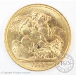 A Victorian gold sovereign dated 1899, gross weight 7.9gms