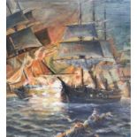 D Wood, Oil on board, Depicting a naval battle, Signed and dated '1963' lower right, 97cm x 88cm