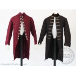 A wine wool frock coat, in 18th century style, with metal buttons depicting a ruin scene, with
