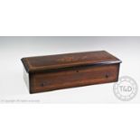 A late 19th century eight aires rosewood music box by B A Bremond, Geneva, the rectangular hinged