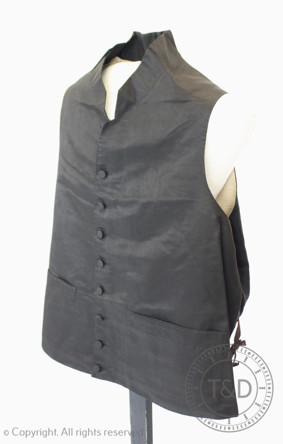 An ivory silk taffeta sleeved waistcoat or jacket, circa 1810, boldly banded and edged in dark plum, - Image 5 of 5