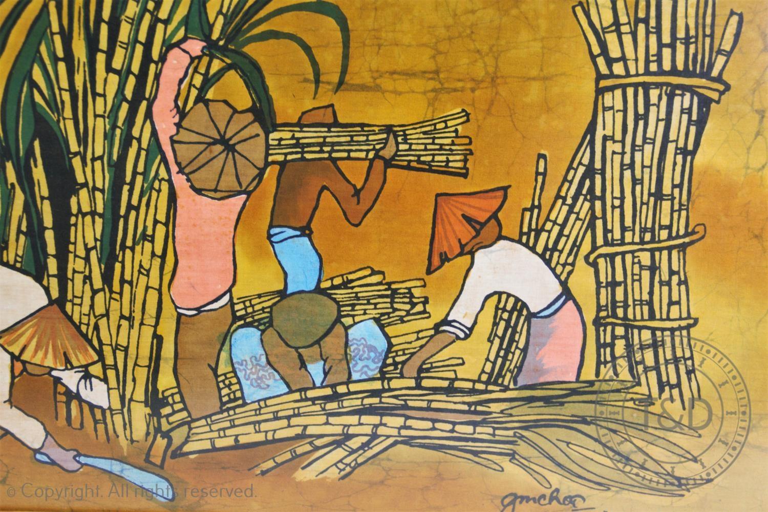 Three vintage south east Asian batik pictures depicting rural and village scenes, in matching glazed - Image 11 of 15