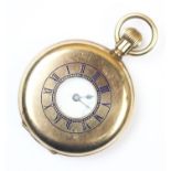 A Thomas Russell & Son gold plated half hunter pocket watch, the white enamel dial with black