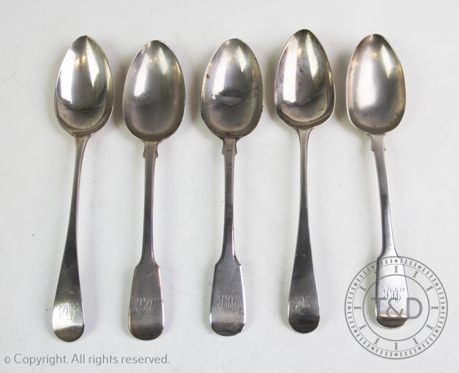 A pair of Georgian silver tablespoons, Peter and Ann Bateman, London 1835, together with three