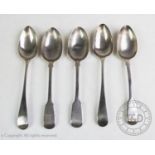 A pair of Georgian silver tablespoons, Peter and Ann Bateman, London 1835, together with three