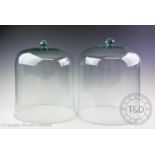 A pair of large Victorian style glass plant cloches, each of domed cylindrical form with bun