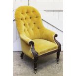 A Victorian rosewood and upholstered drawing room chair, with an arched button back above padded