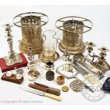 A selection of silver coloured and silver plated items, to include, a white metal mounted horn