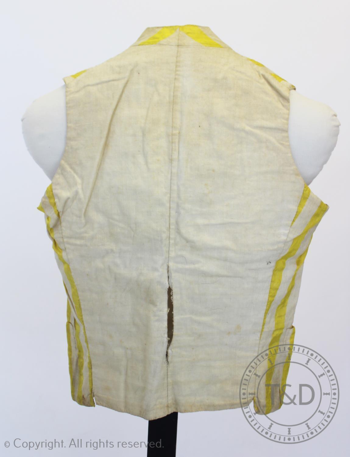 A yellow and ivory striped cotton double breasted waistcoat, circa 1800, with covered buttons, - Image 2 of 4