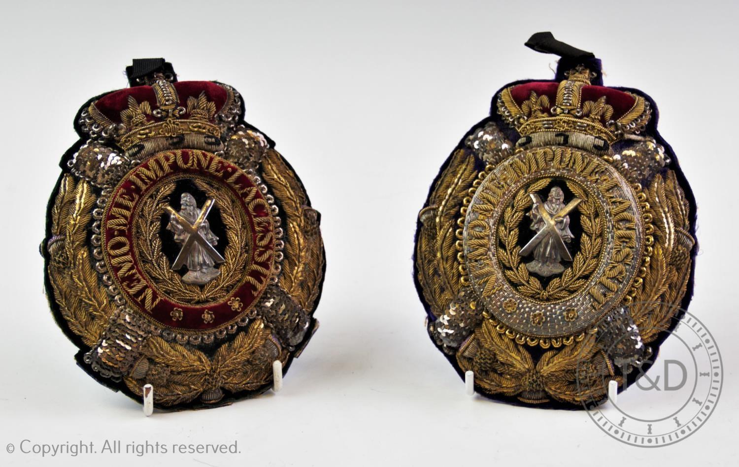 Two embroidered crests for The Black Watch (Royal Highland Regiment) of Canada, depicting St