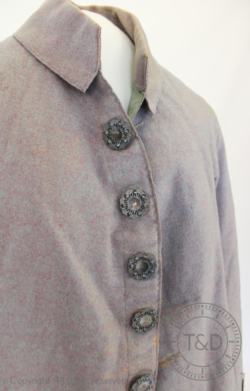 A marled lavender wool frock coat, circa 1790, with pierced silvered metal buttons to front, cuffs - Image 3 of 7