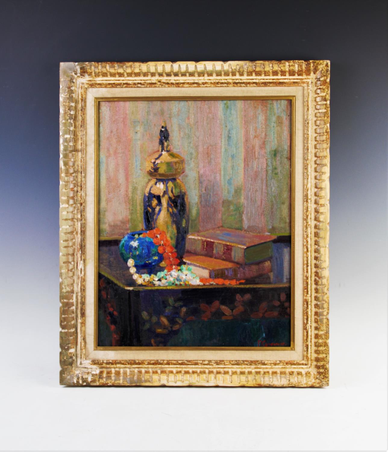 F Gazeneuve (French school), Oil on board, Still life with tall jar, books and beads, Signed lower