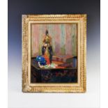 F Gazeneuve (French school), Oil on board, Still life with tall jar, books and beads, Signed lower
