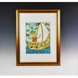 Three prints on paper, Dolphins, man on a boat, and chicken in a tree, Indistinctly signed, named