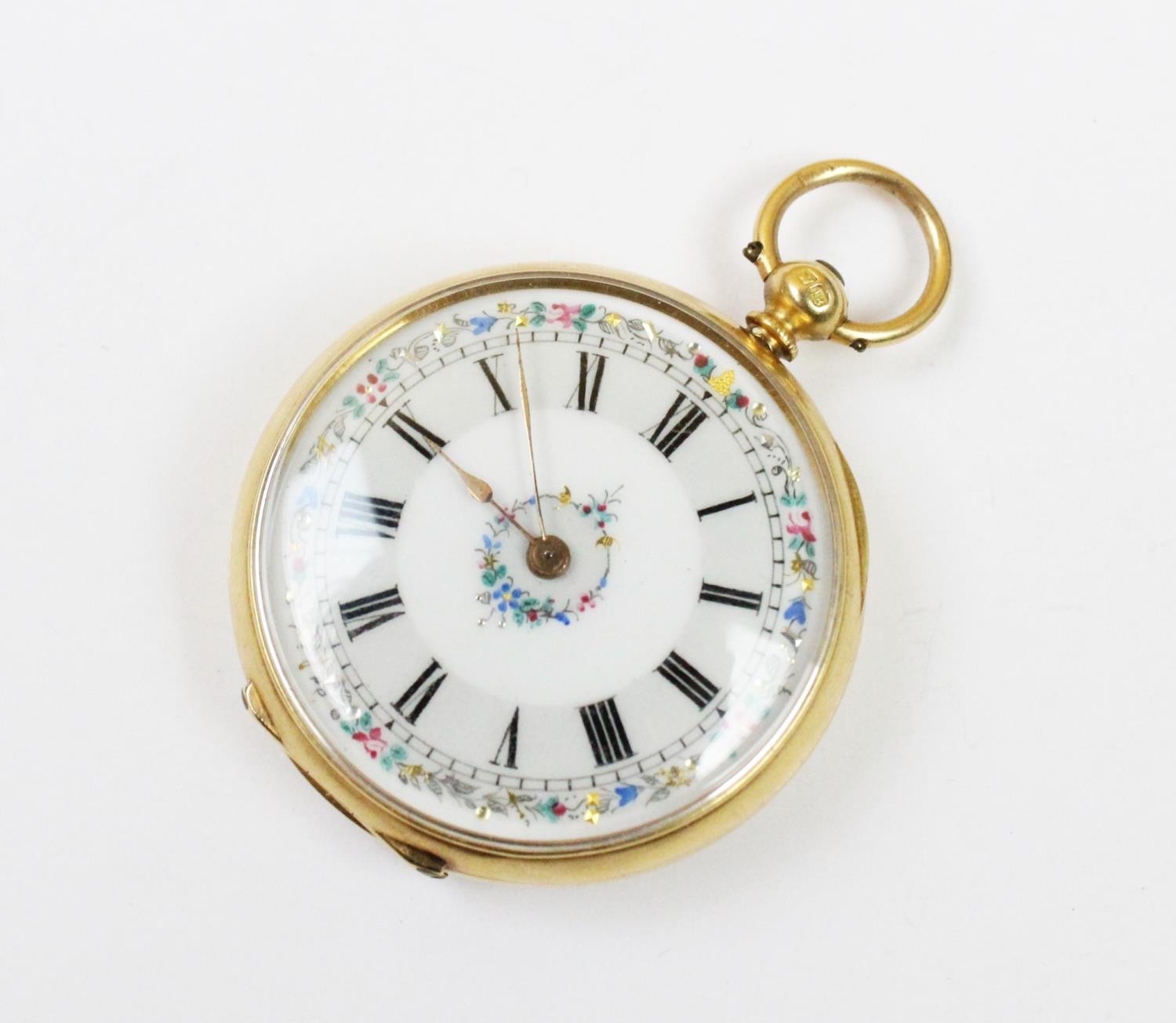 An 18ct gold lady's fob watch, the circular white dial with gold and enamel floral decoration, Roman