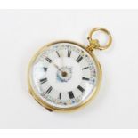 An 18ct gold lady's fob watch, the circular white dial with gold and enamel floral decoration, Roman